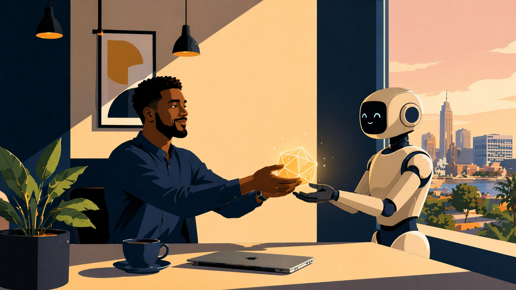 A solopreneur handing off their tasks to a digital AI assistant
